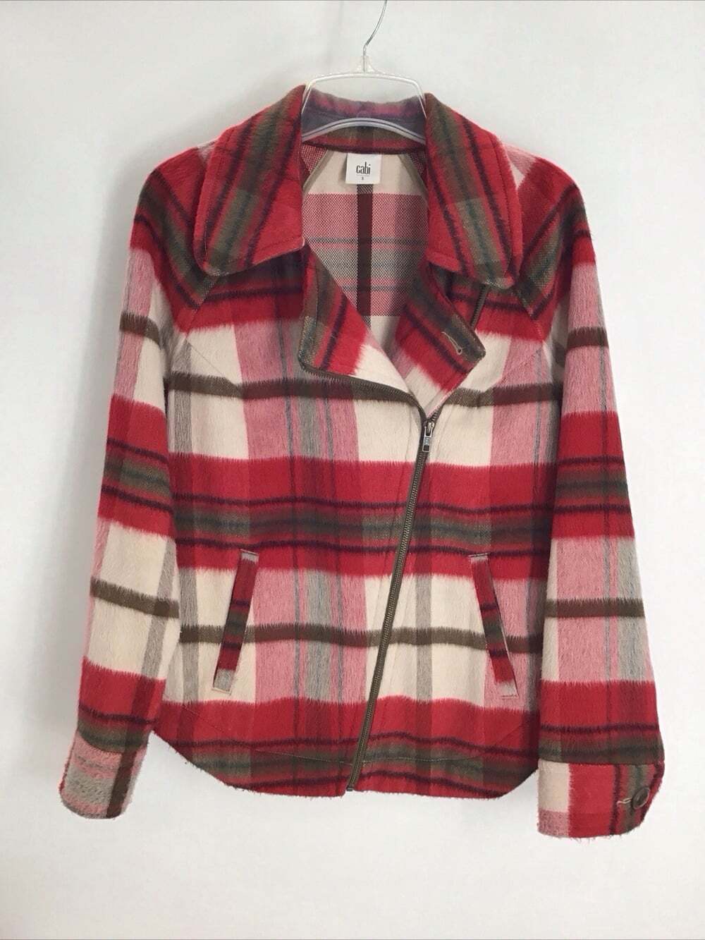 Cabi Limited Edition Shelter Jacket Plaid Asymmetrical Zip Fall Warm Red Size S